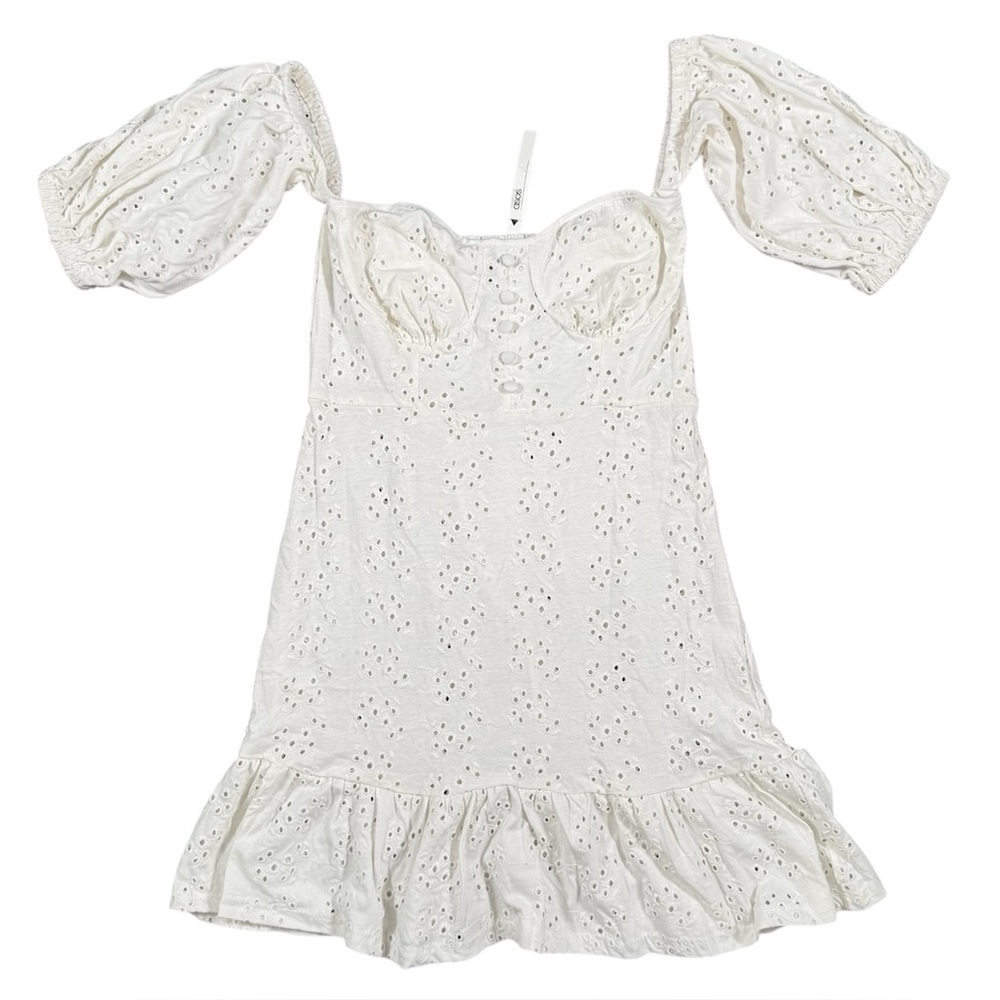 ASOS Womens White Eyelet Cotton Puff Sleeve Mini Dress Size US 6 NWT